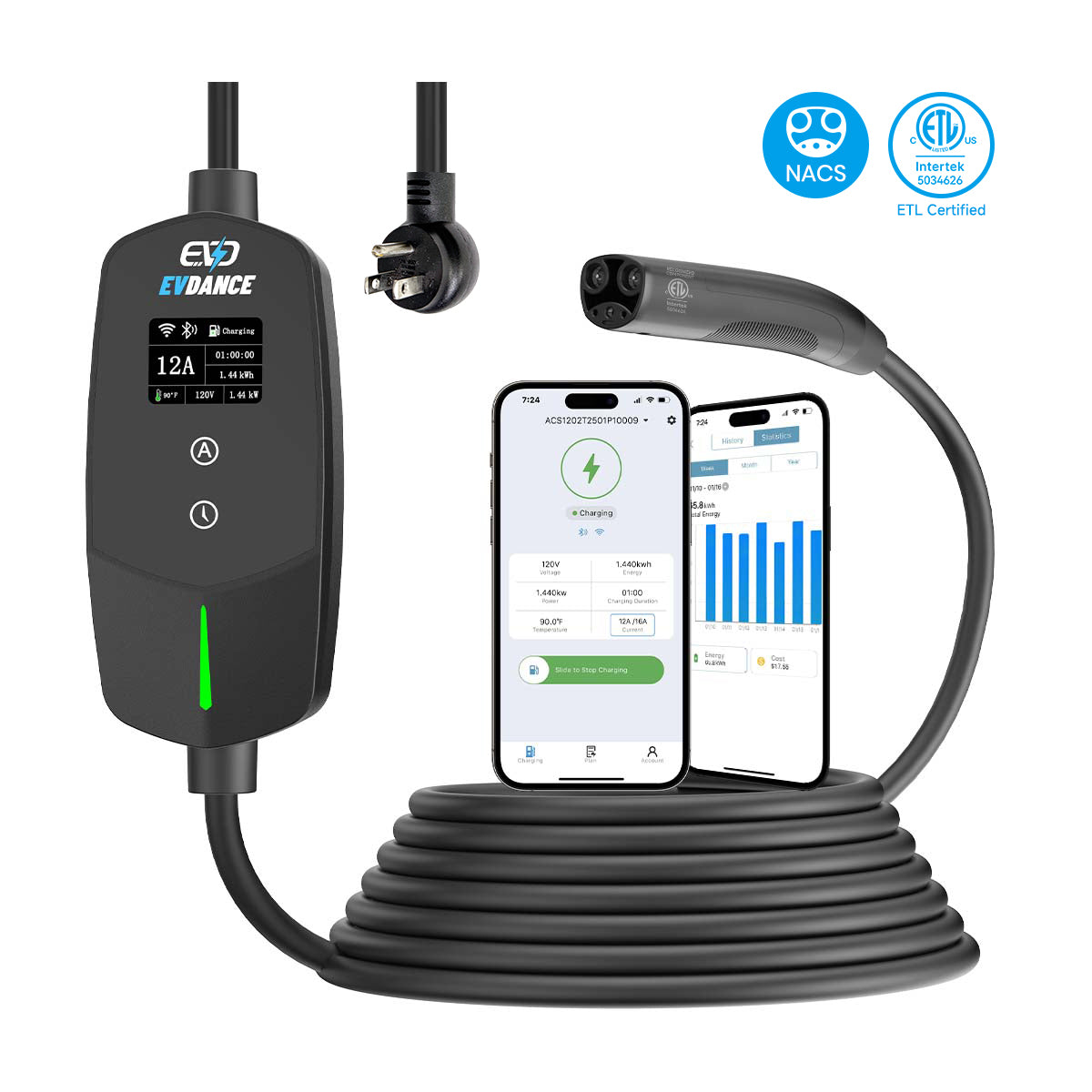 EVSloth Flux Level 1 NEMA 5-15 Plug 12A NACS/Tesla Portable EV Charger
