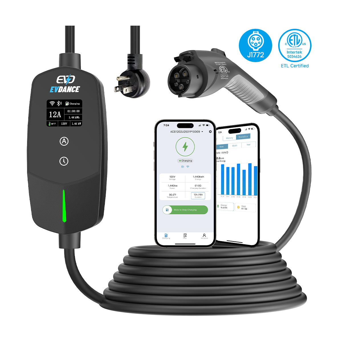 EVSloth Flux Level 1 & 2 NEMA 5-15 Plug 12A J1772 Portable EV Charger