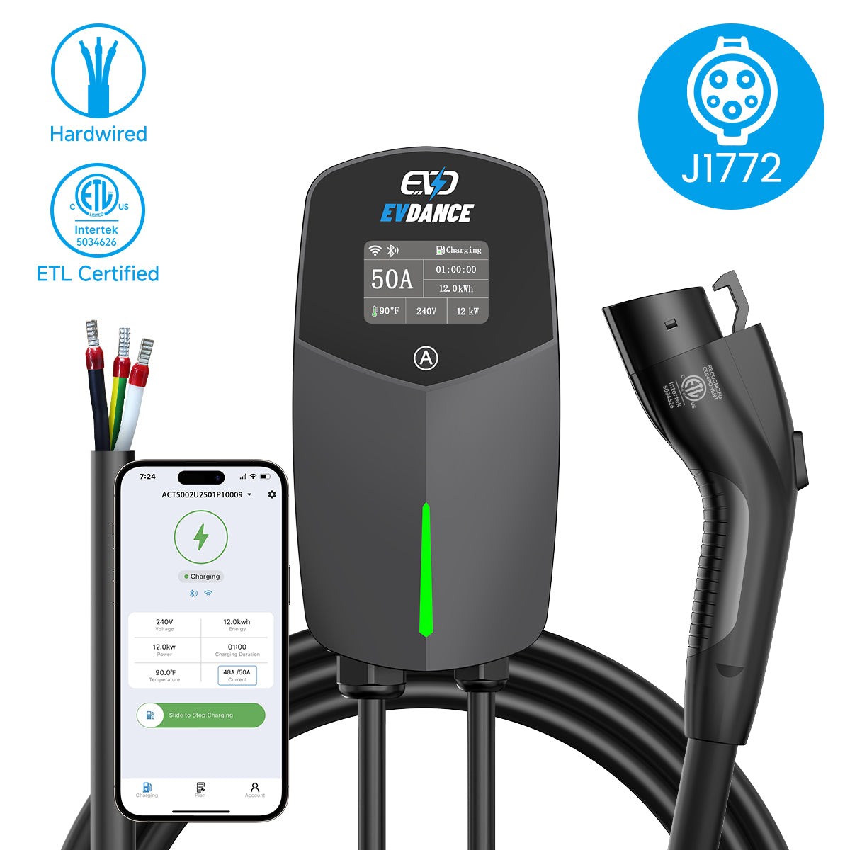 EVSloth Home Level 2 EV Charger J1772 Wall-mounted Hardwired In - 50A | ETL Certification