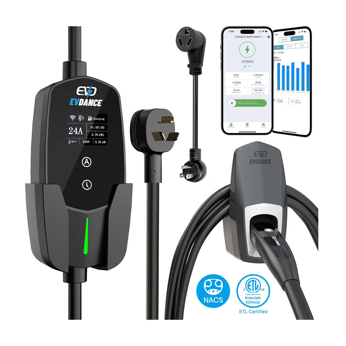 EVSloth Level 2 NEMA 10-30 24A NACS Portable EV Charger