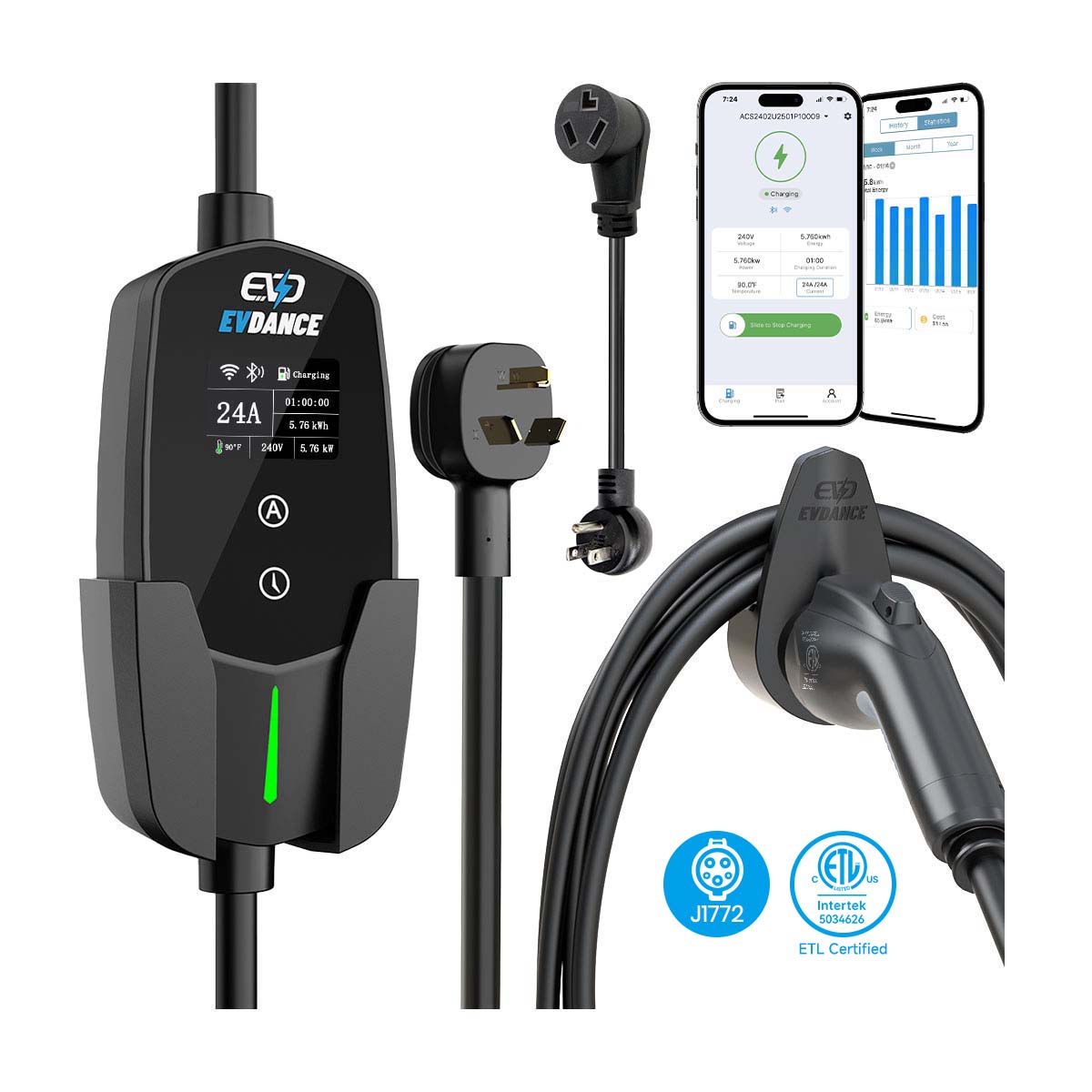 EVSloth Level 2 NEMA 10-30 24A J1772 Portable EV Charger