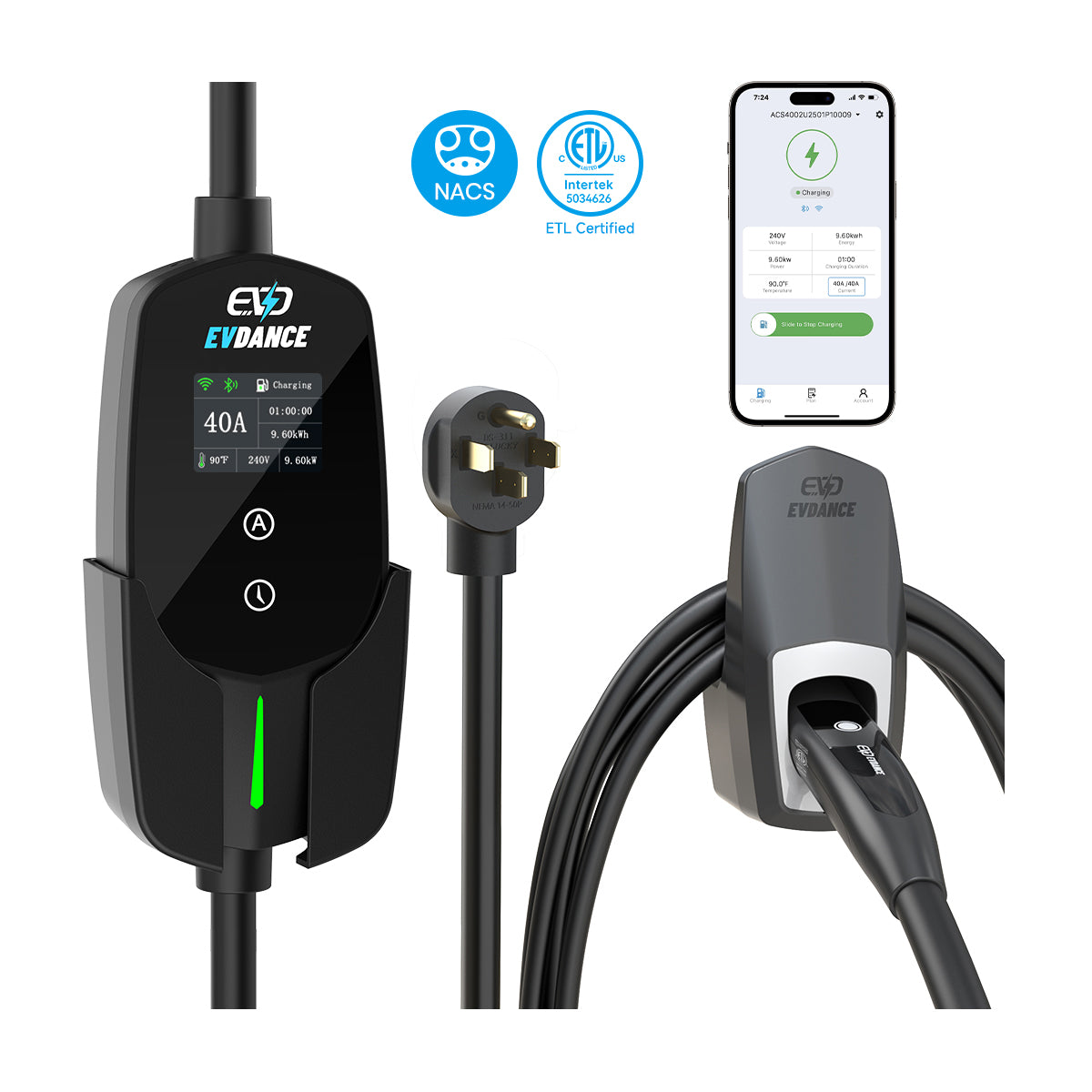 EVSloth Flux Level 2 NEMA 14-50 40A Tesla Portable EV Charger Wifi Enabled