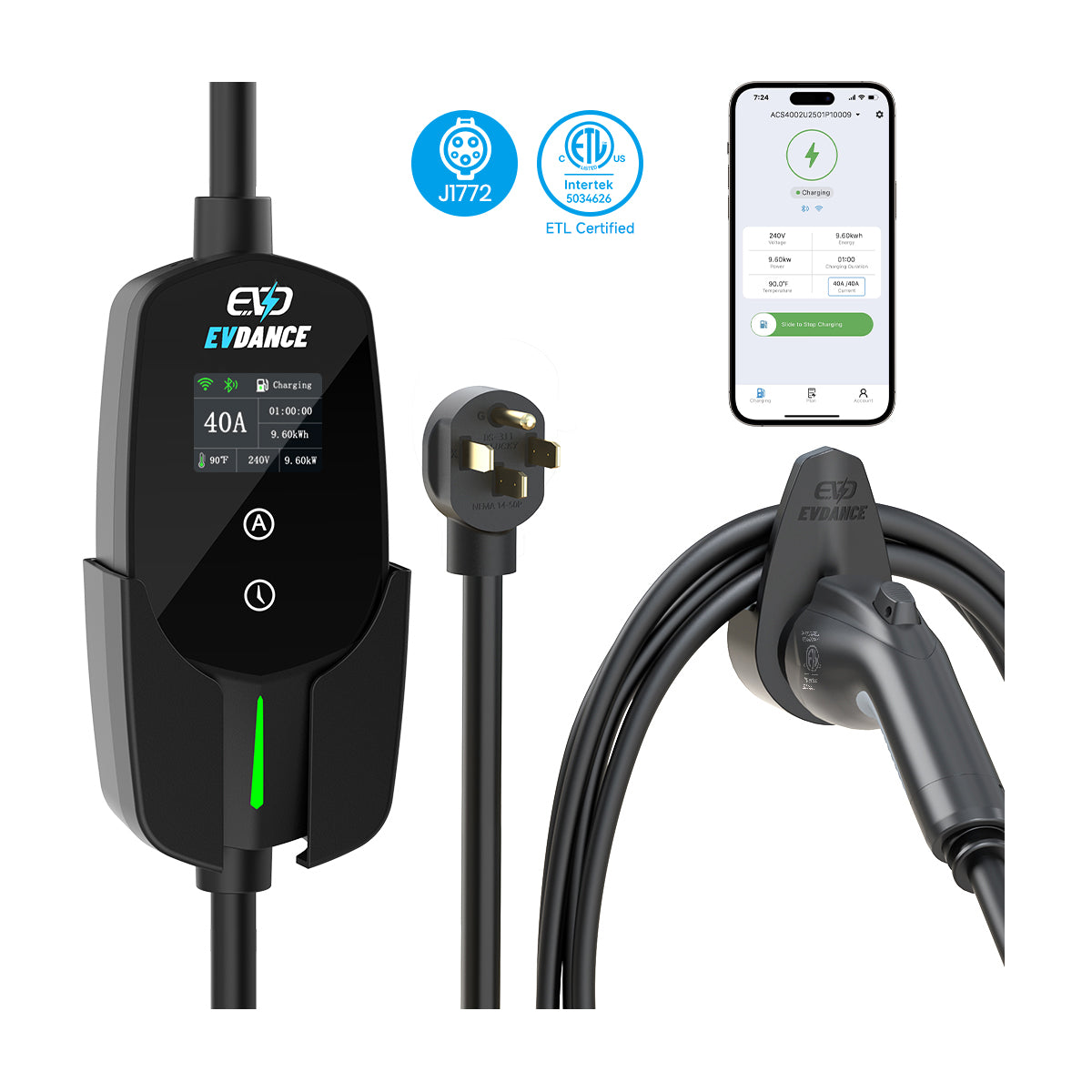 EVSloth Flux Level 2 NEMA 14-50 40A J1772 Portable EV Charger Wifi Enabled