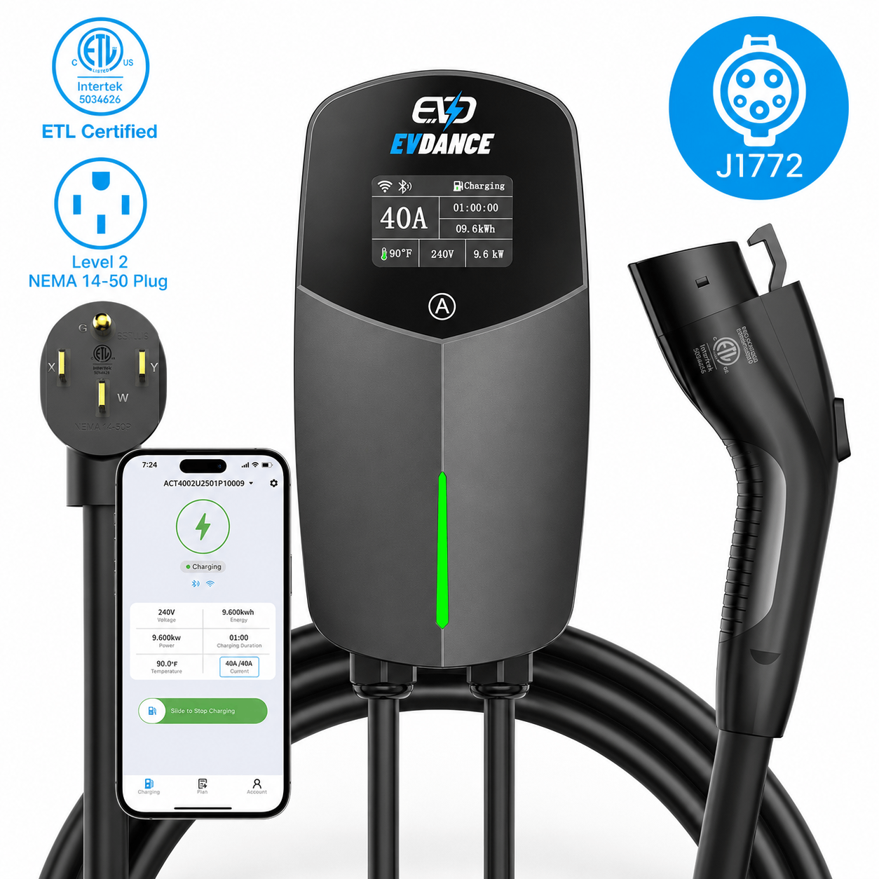EVSloth Home Level 2 EV Charger NEMA 14-50 J1772 Wall-mounted Plug In - 40A | ETL Certification