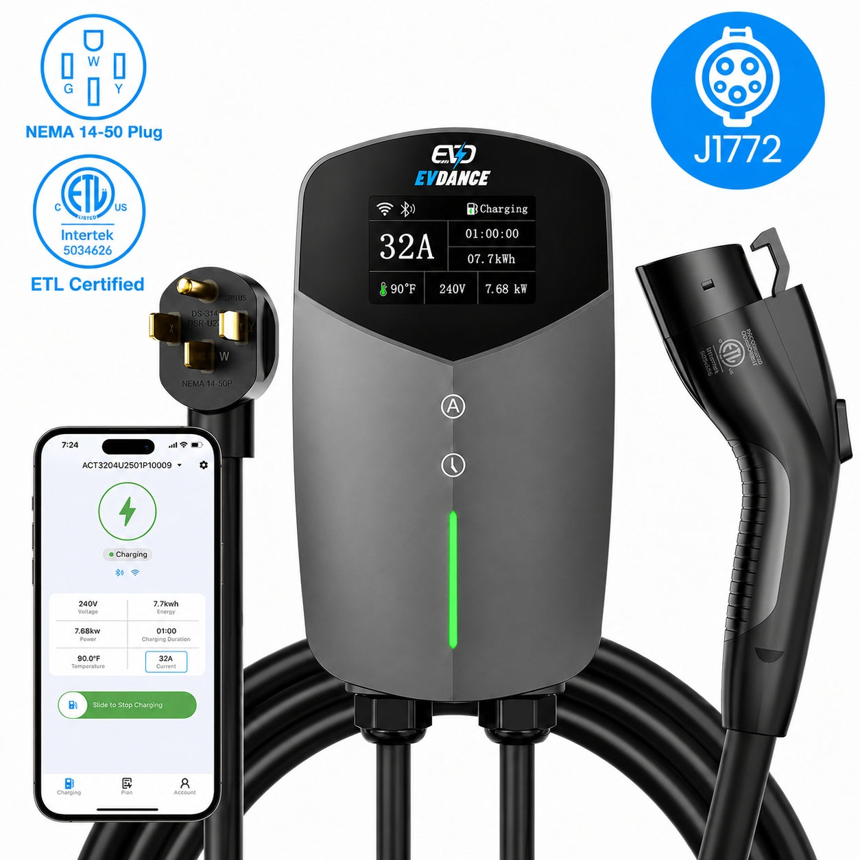 EVSloth Home Level 2 EV Charaer NEMA 14-50 J1772 Wall-mounted Pug In-32A | ETL Certification
