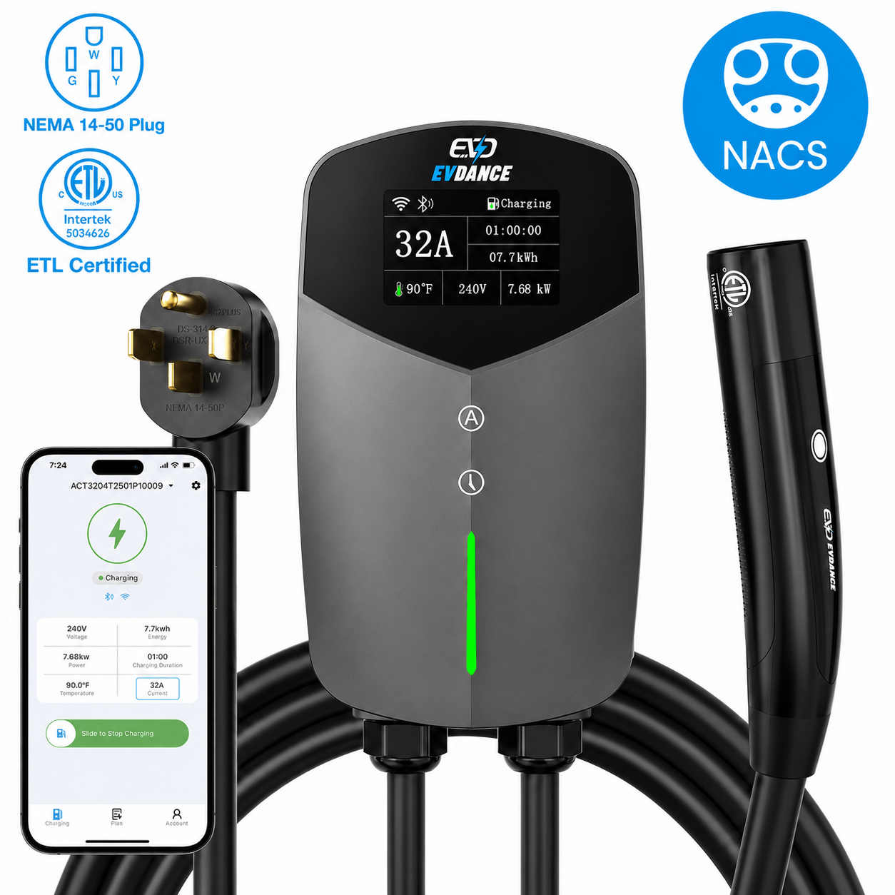 EVSloth Home Level 2 EV Charaer NEMA 14-50 NACS Tesla Wall-mounted Pug In-32A | ETL Certification