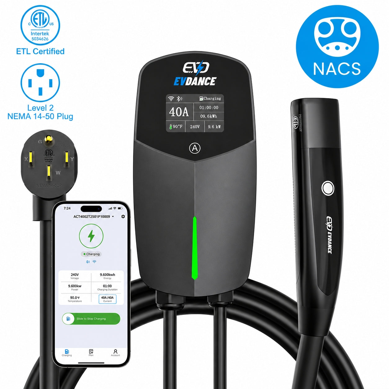 EVSloth Level 2 EV Charger NEMA 14-50 NACS Wall-mounted Plug In - 40A | ETL Certification