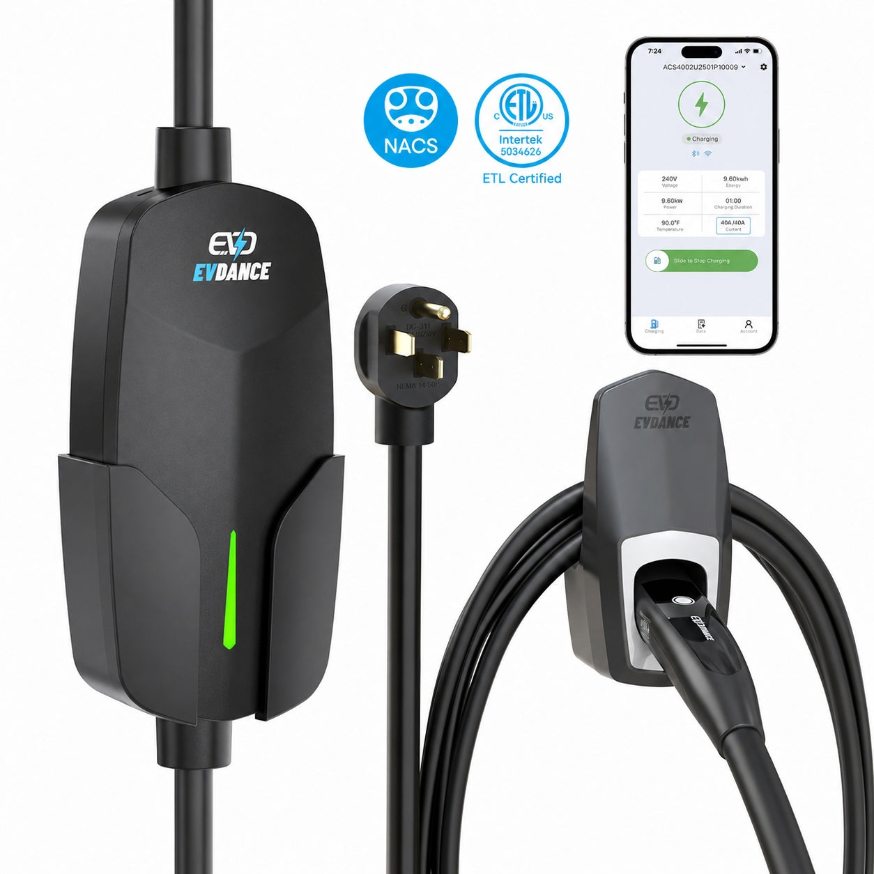 EVSloth Level 2 NEMA 14-50 32A Tesla/NACS Portable EV Charger