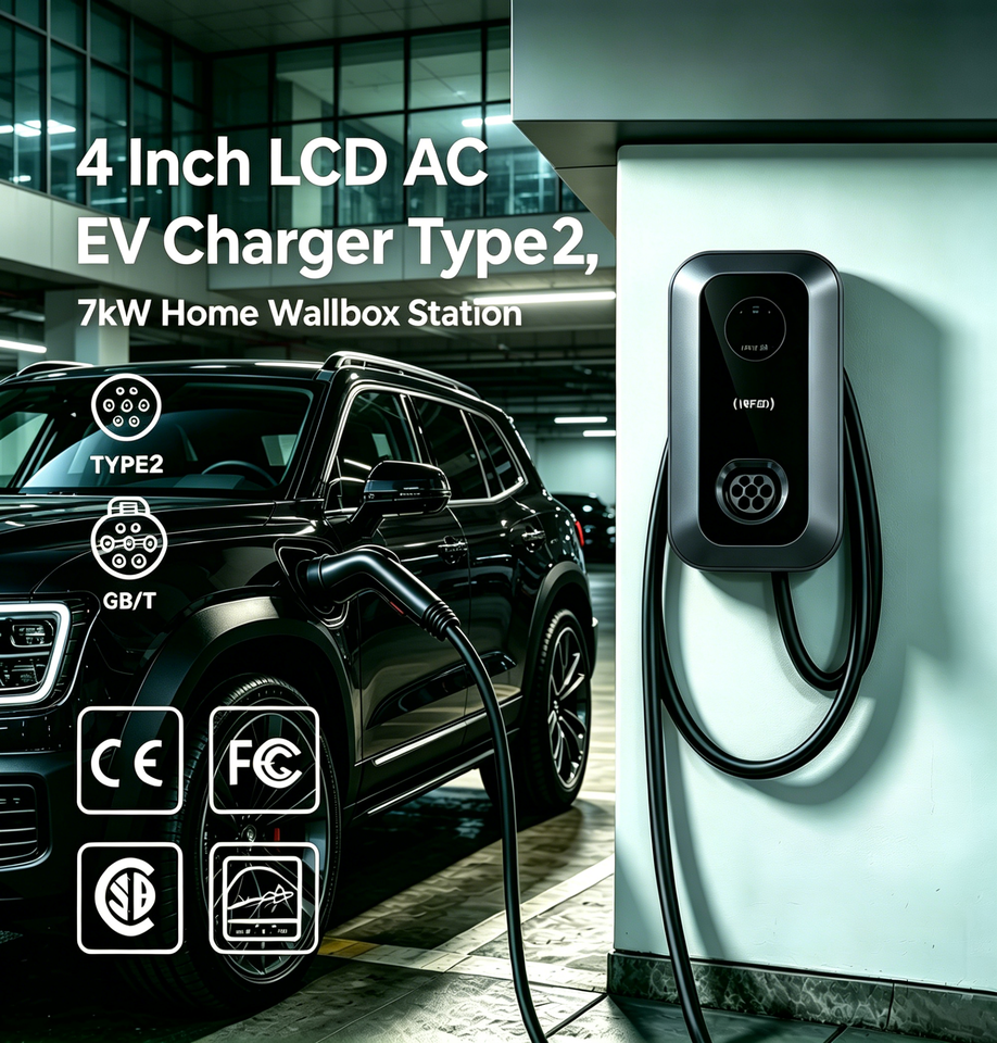 Putainen 7kW Type 2 AC EV Charger 4-Inch LCD WiFi RFID OCPP 1.6J IP65 Smart Home Wallbox