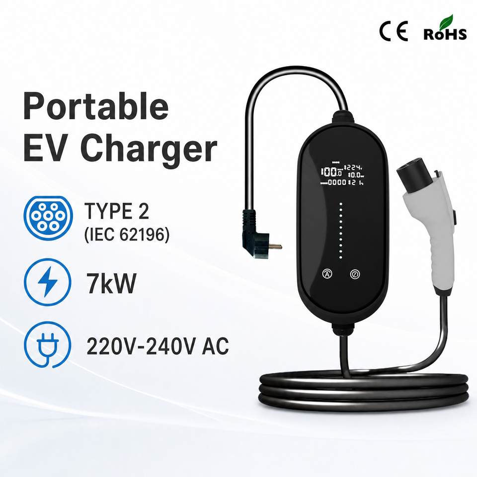 Portable 32A EV Charging Cable Type 2 7.2kW IEC 62196-2 EVSE 240V Heavy Duty Outdoor Travel Cord