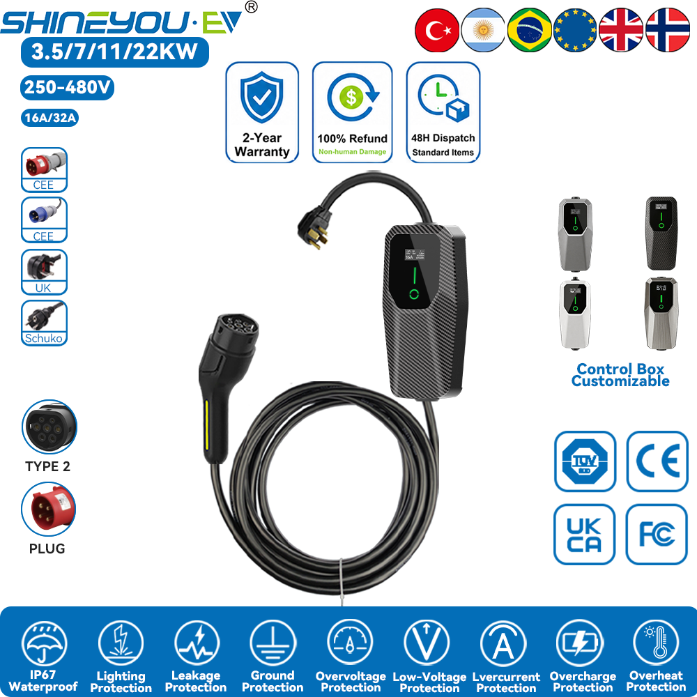 Shinyou 3.5/7/11/22KW Type 2 Portable EV Charger IEC 62196 EVSE Charging Box Electric Vehicle