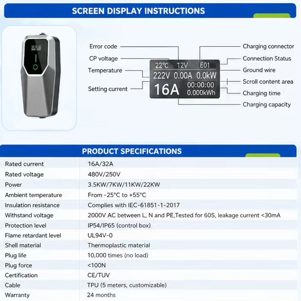 Shinyou 3.5/7/11/22KW Type 2 Portable EV Charger IEC 62196 EVSE Charging Box Electric Vehicle - Image 2