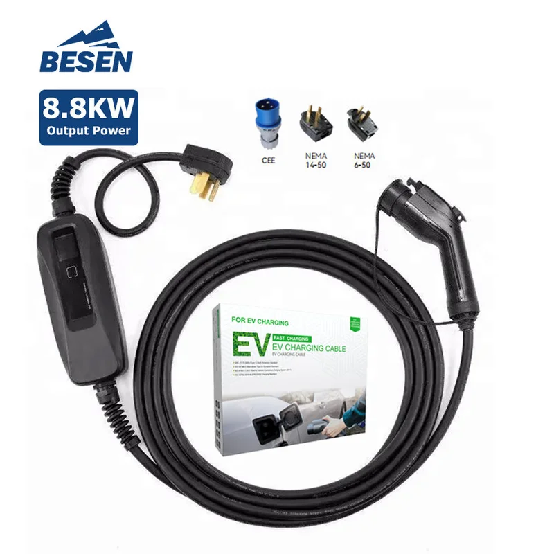 Portable Level 2 EV Charger 32A SAE J1772 NEMA 14-50 LCD Display 25ft Cable