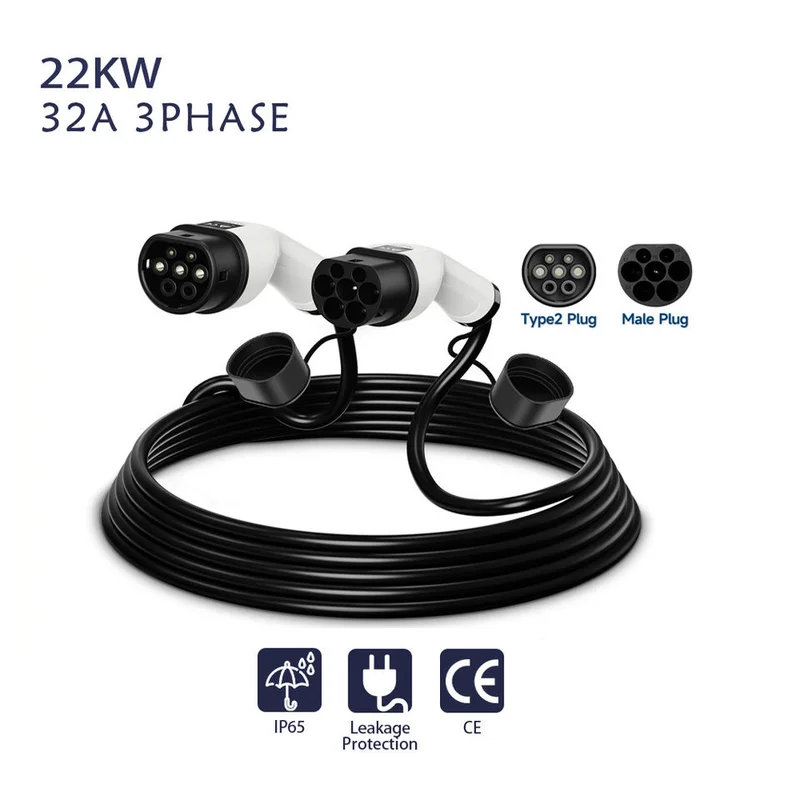 32A 3-Phase EV Charging Extension Cable 22kW Type 2 to Type 2 GBT 5M Heavy Duty Cord