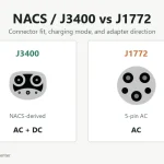 J3400 NACS and J1772 connector faces compared for AC and DC charging
