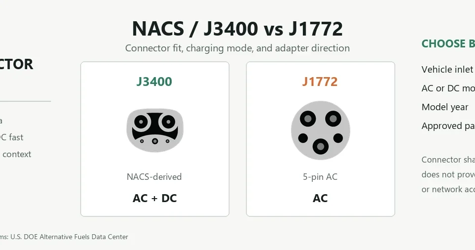 J3400 NACS and J1772 connector faces compared for AC and DC charging